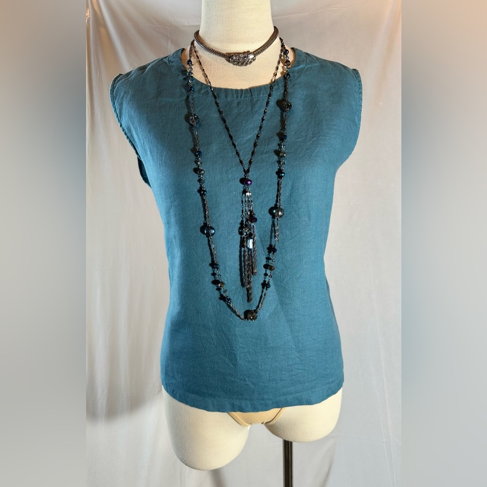 Quince Women 100% European Linen Sleeveless Spring Tank Top Teal Lg Mineral Blue - Picture 8 of 14